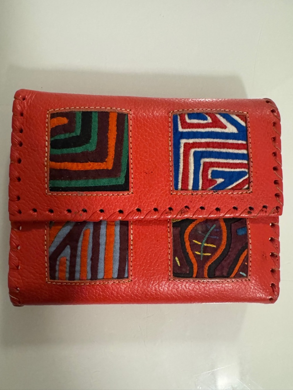 Red-Orange Leather Fold Wallet with Patchwork Accents